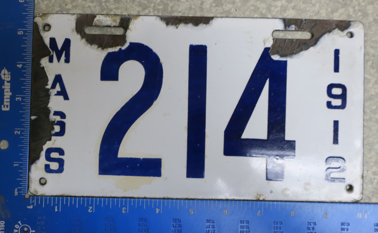 Massachusetts Porcelain 1912 License Plate Tag Ma # Mass Three Digit #214 (AYCF)