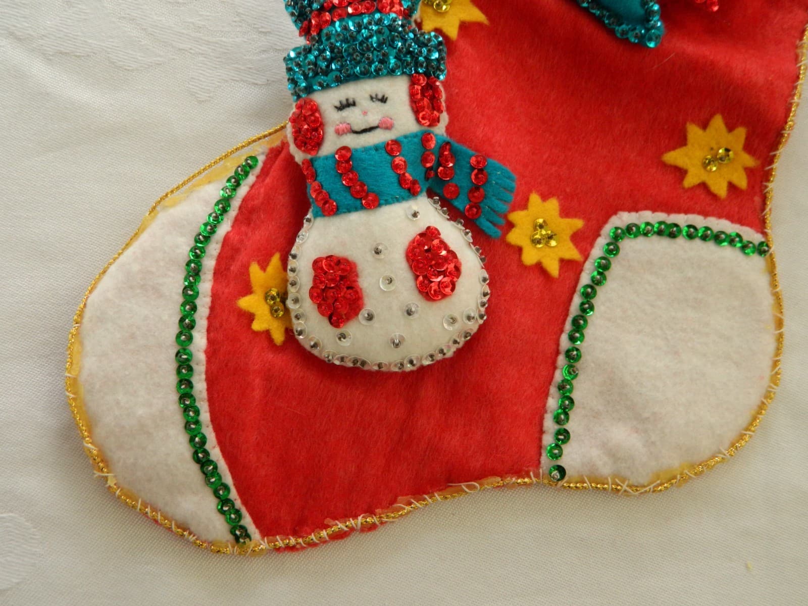 Bucilla Stocking Felt Appliqué Sequin Santa Snowman Finished Jeweled 3D Vintage 4