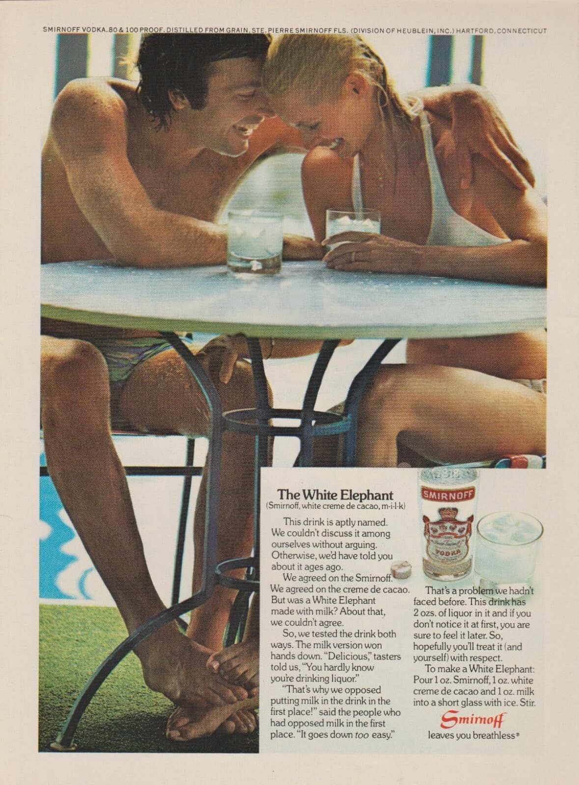 1974 Smirnoff Vodka - "White Elephant" - Swimsuit Bikini Couple - Print Ad Photo