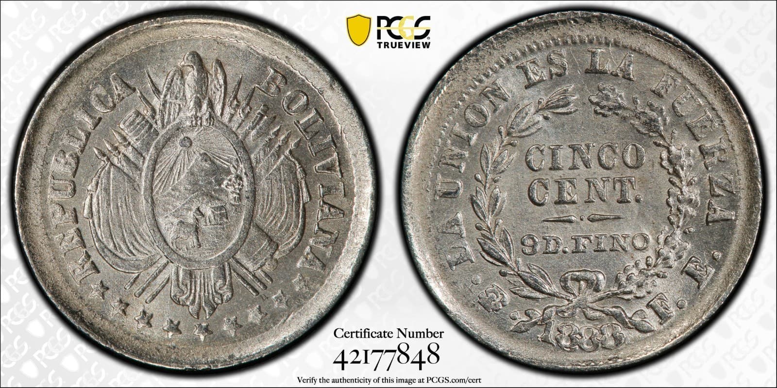 1888 PTS FE Bolivia 5 Centavos Silver Coin - PCGS MS 65 - KM #157.2 - TOP POP 5