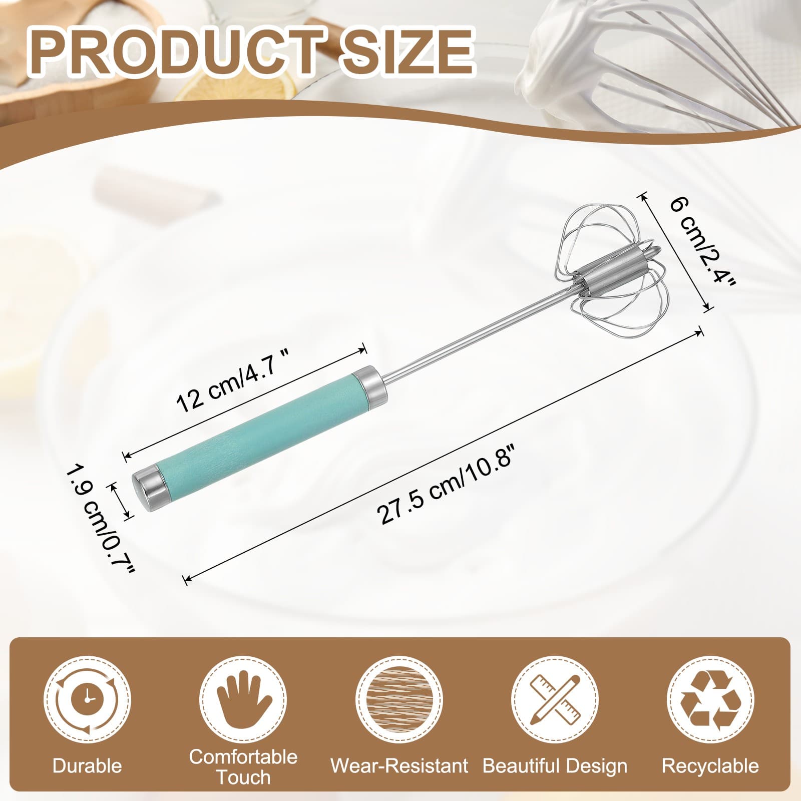 Stainless Steel Whisk, 10.8 Inch Semi-Automatic Whisking Tool, Green 2