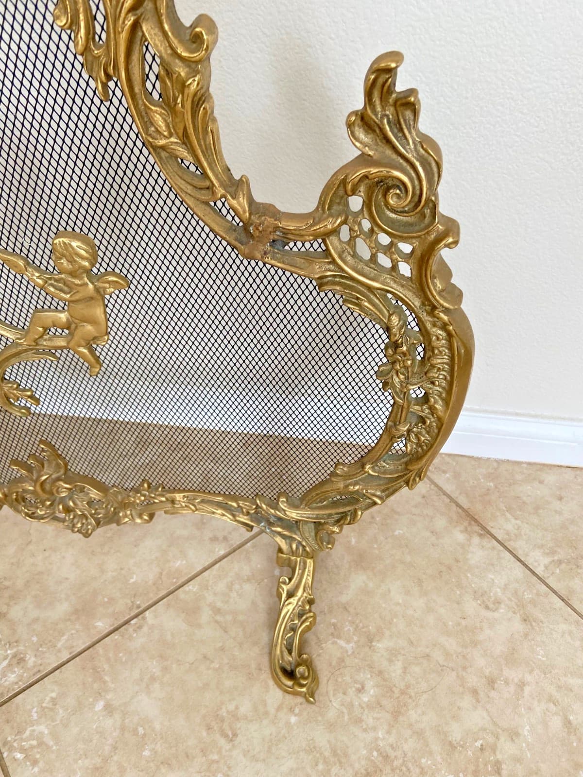 Vintage Brass French Rococo Ornate Etched Cherubs Fireplace Screen Spark Guard 5