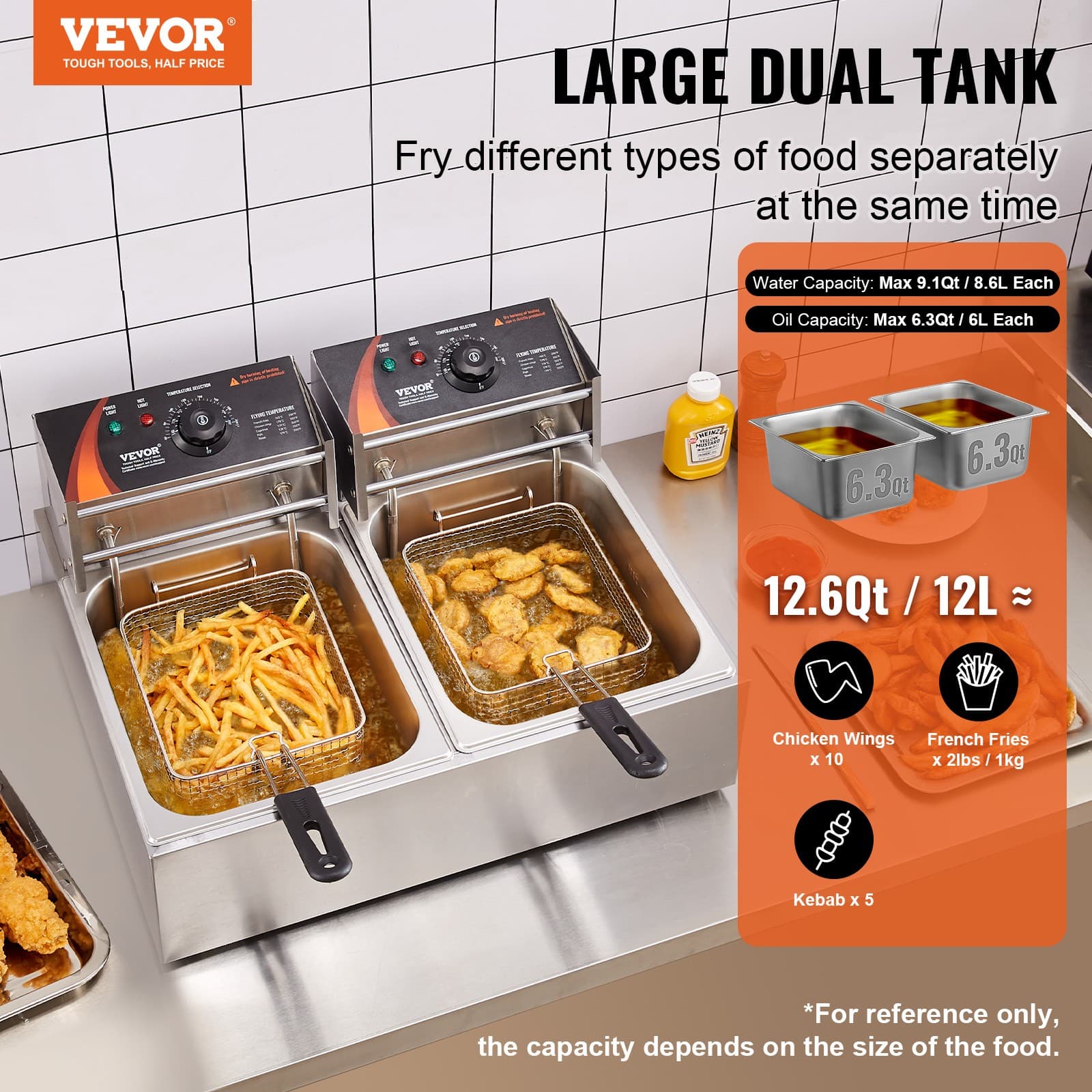 VEVOR Commercial Electric Deep Fryer Countertop Fryer 3000W Dual Tank 2x9Qt/8.6L 2