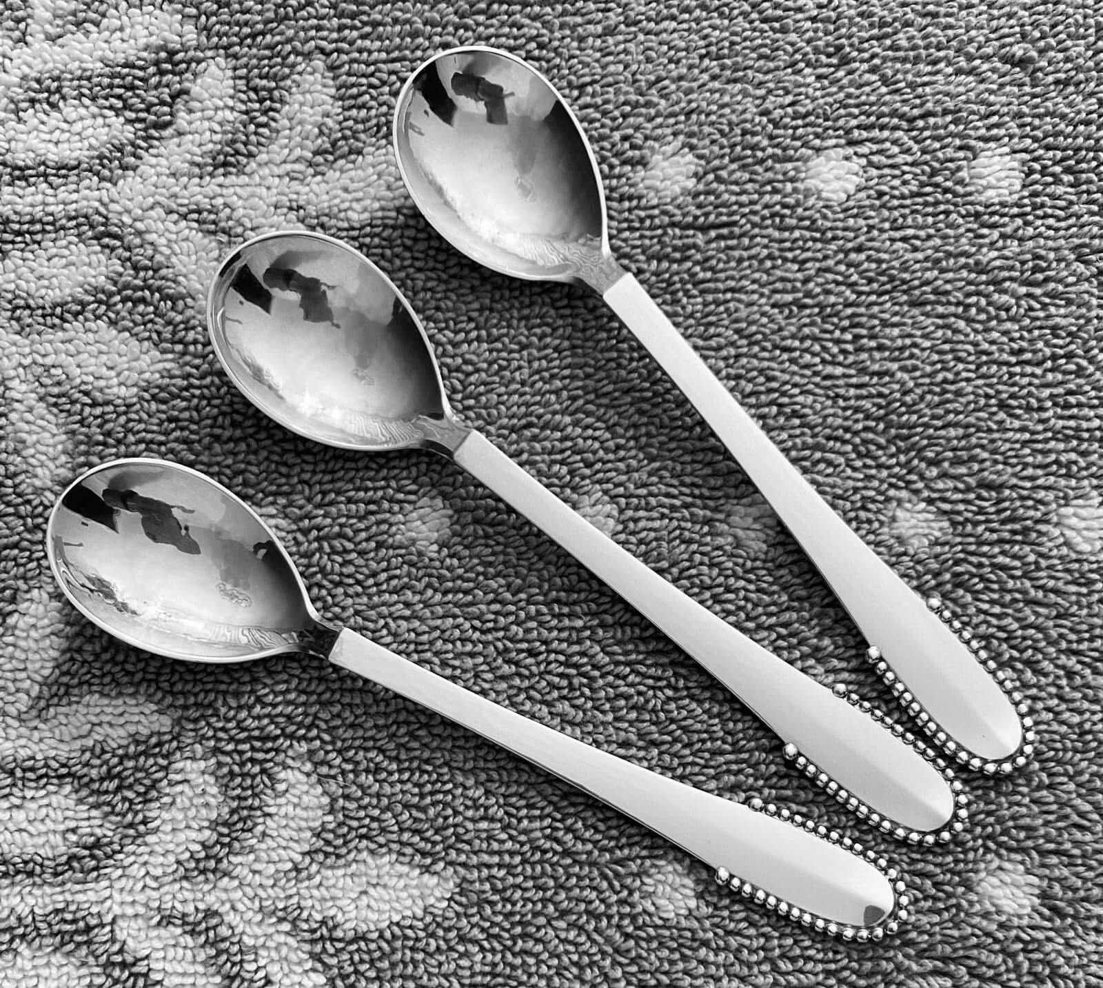 GEORG JENSEN Beaded Stlg Teaspoons, 3/Set (Small, Old Style Oval Bowls), 5” . 5