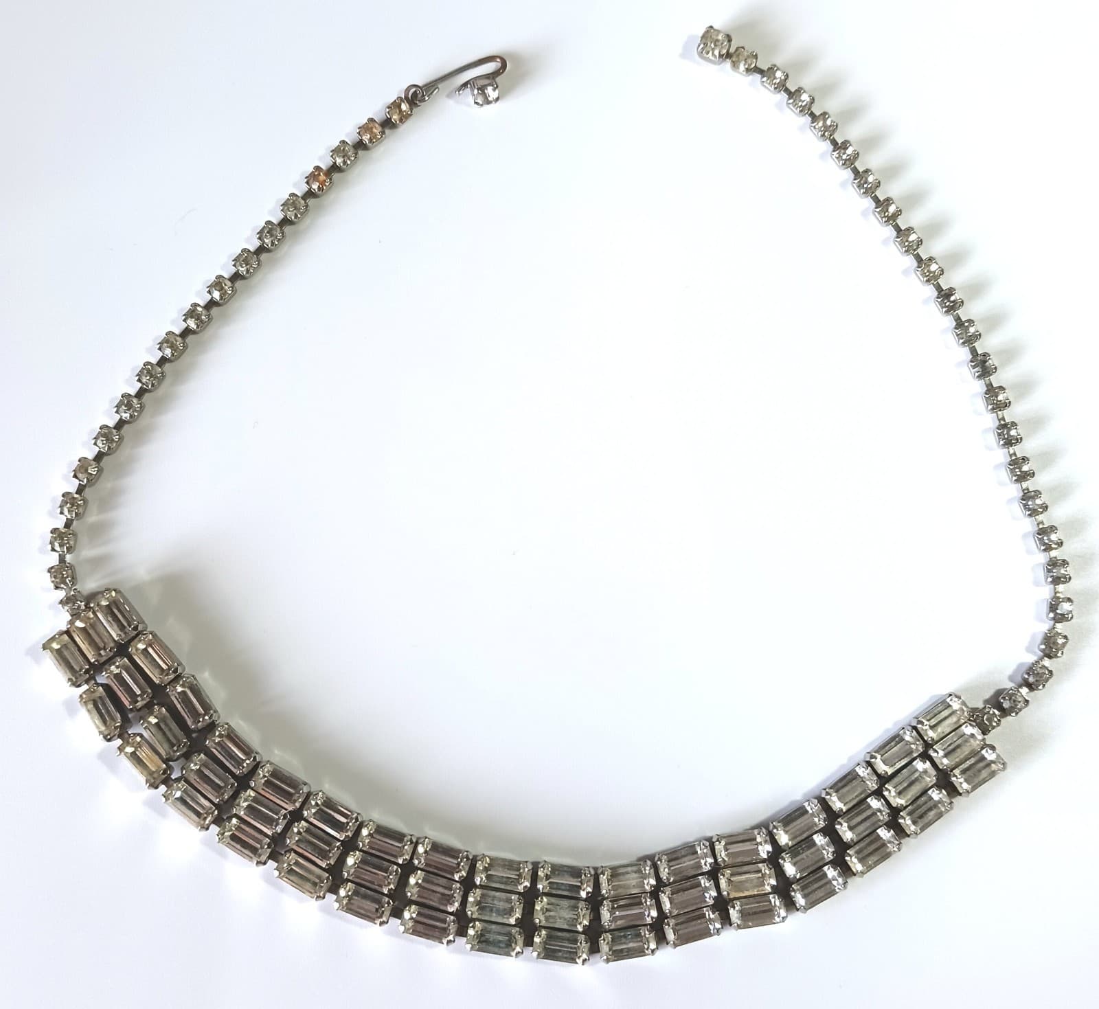 Vintage Silver-tone Necklace w 3 Rows of Baguette White Rhinestones 16" 3