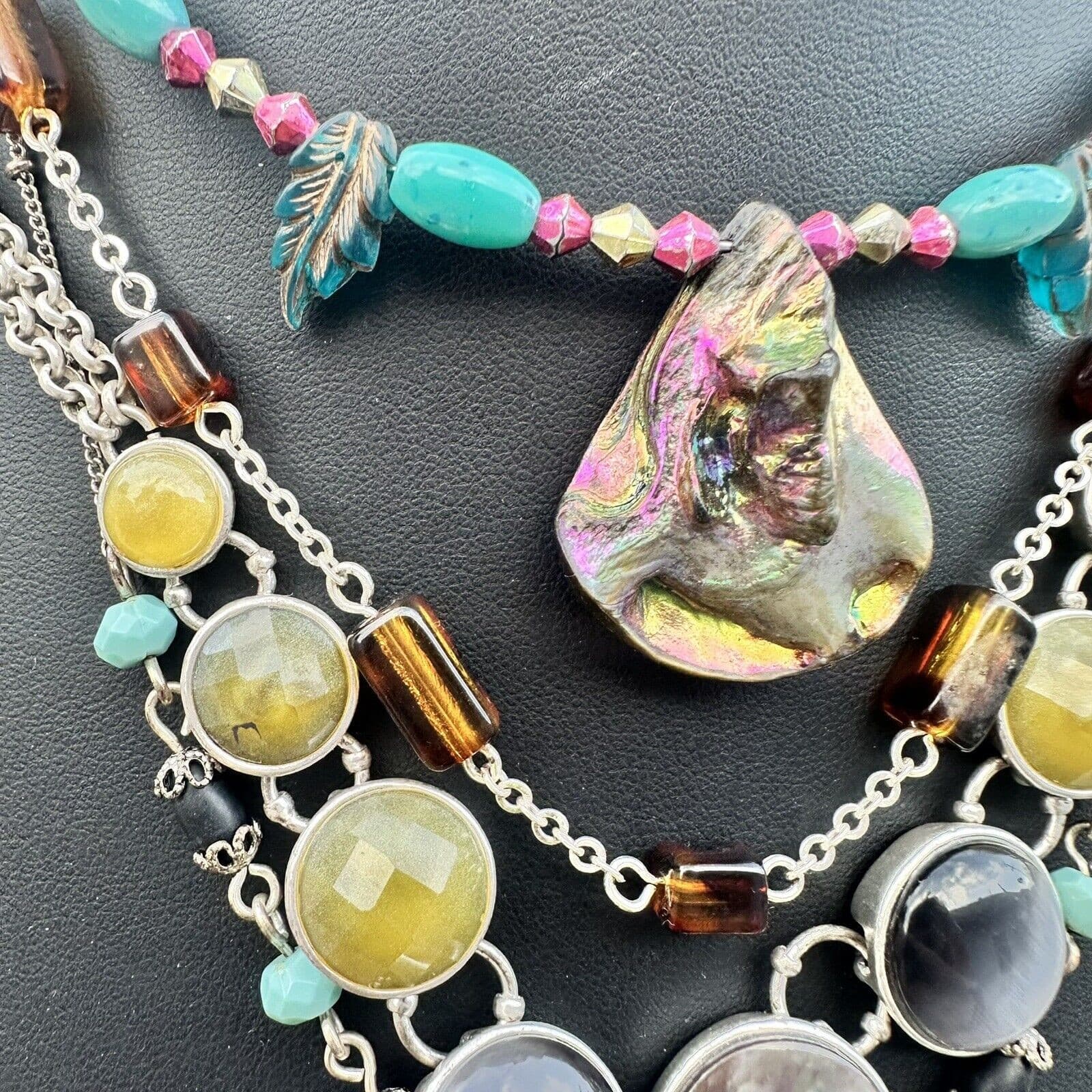 Moonstone Shell Abalone Turquoise Layered Necklace Set Jewelry Lot Festival  2