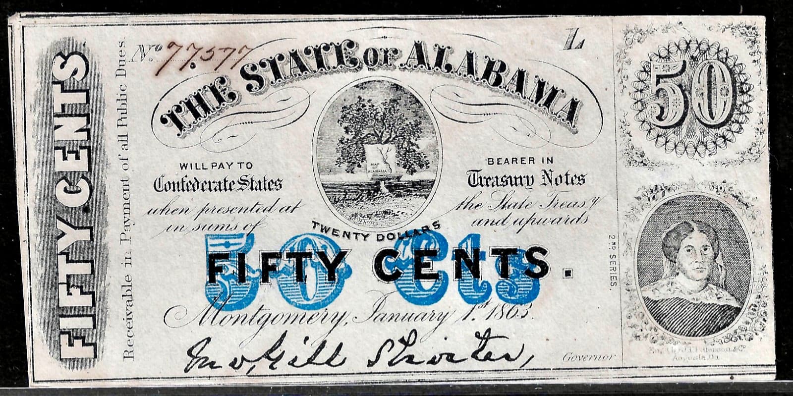 1863 Confederate States of America Alabama 50¢ Cents Note Crisp UNC Radar #77577