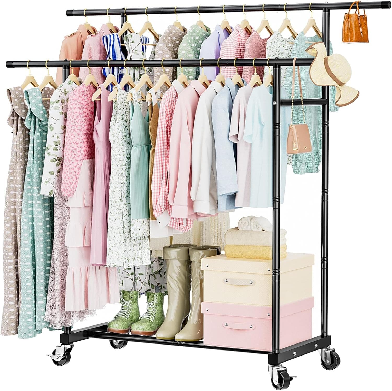 Abiglifty Double Rods Clothes Rack for Hanging Clothes Clothing Rack with Wheels 5