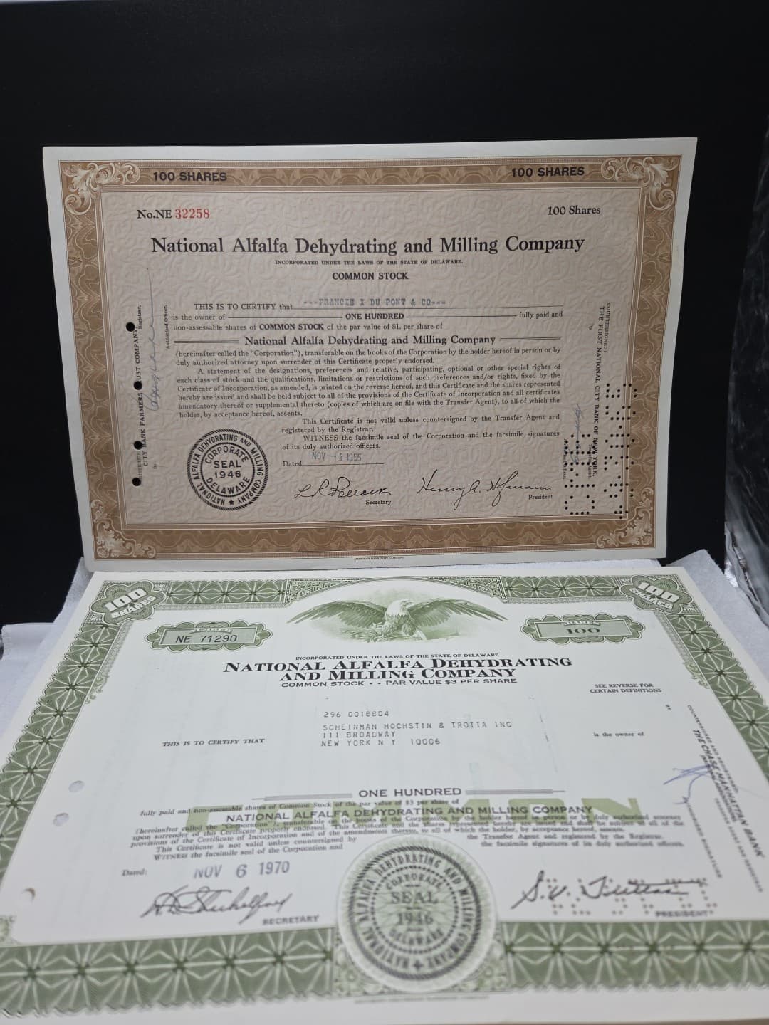 National Alfalfa Dehydrating And Milling Co. 2 Stock Certificates  Shares 2