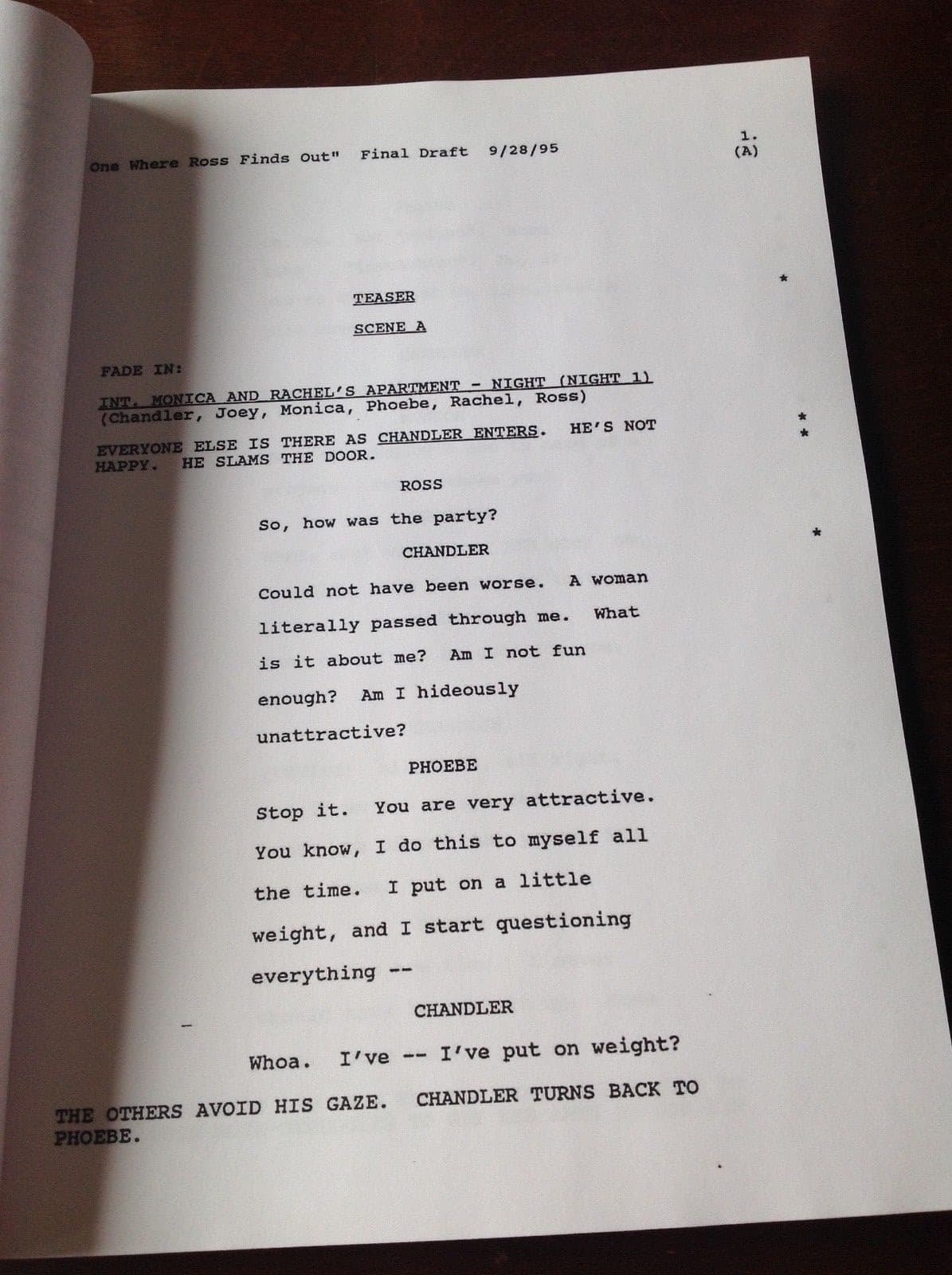FRIENDS TV Script “The One Where Ross Finds Out" 9/28/95 Jennifer Anniston  5
