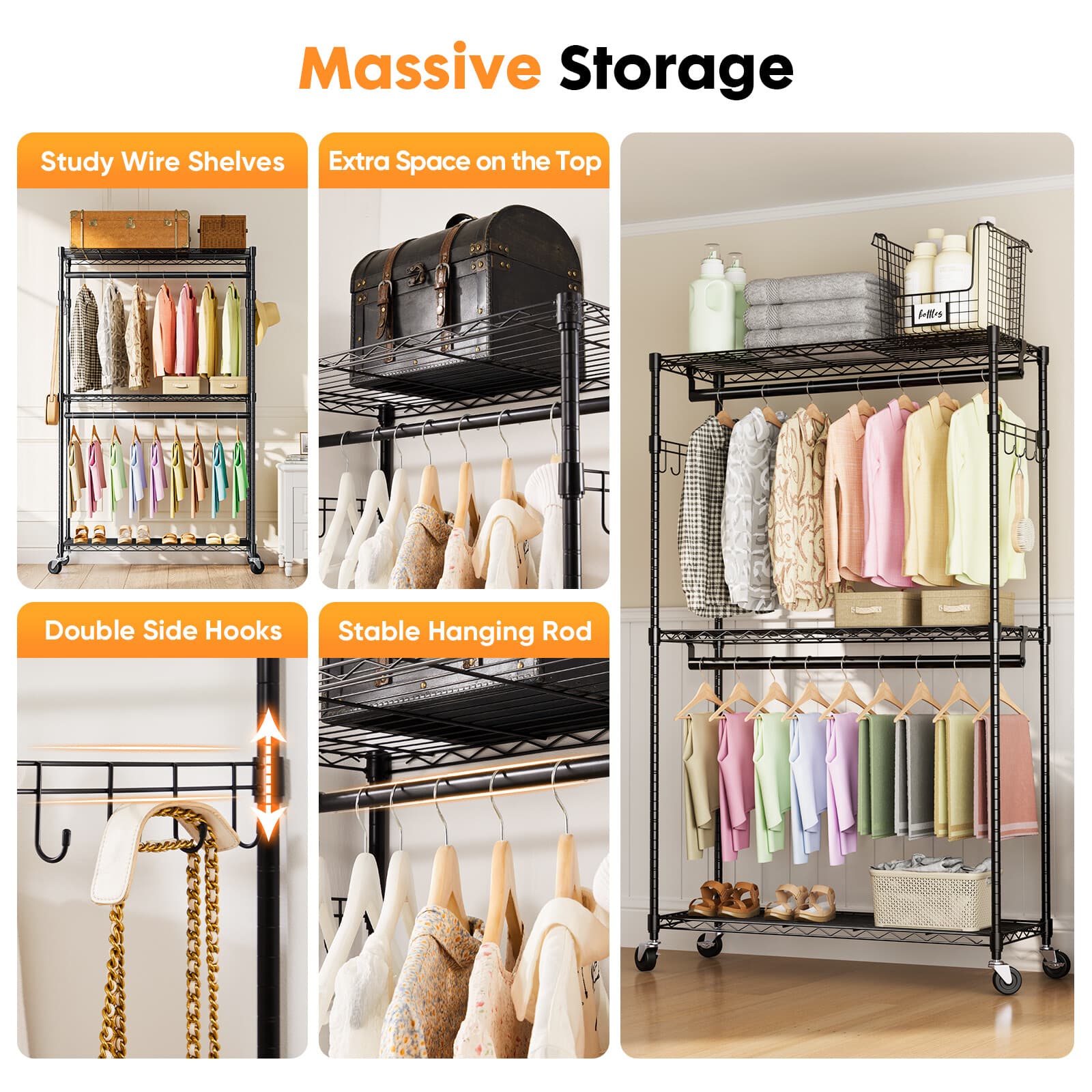 Big Tall Rolling Garment Rack Heavy Duty Double Rails Clothes Rack W/ Wheels 4