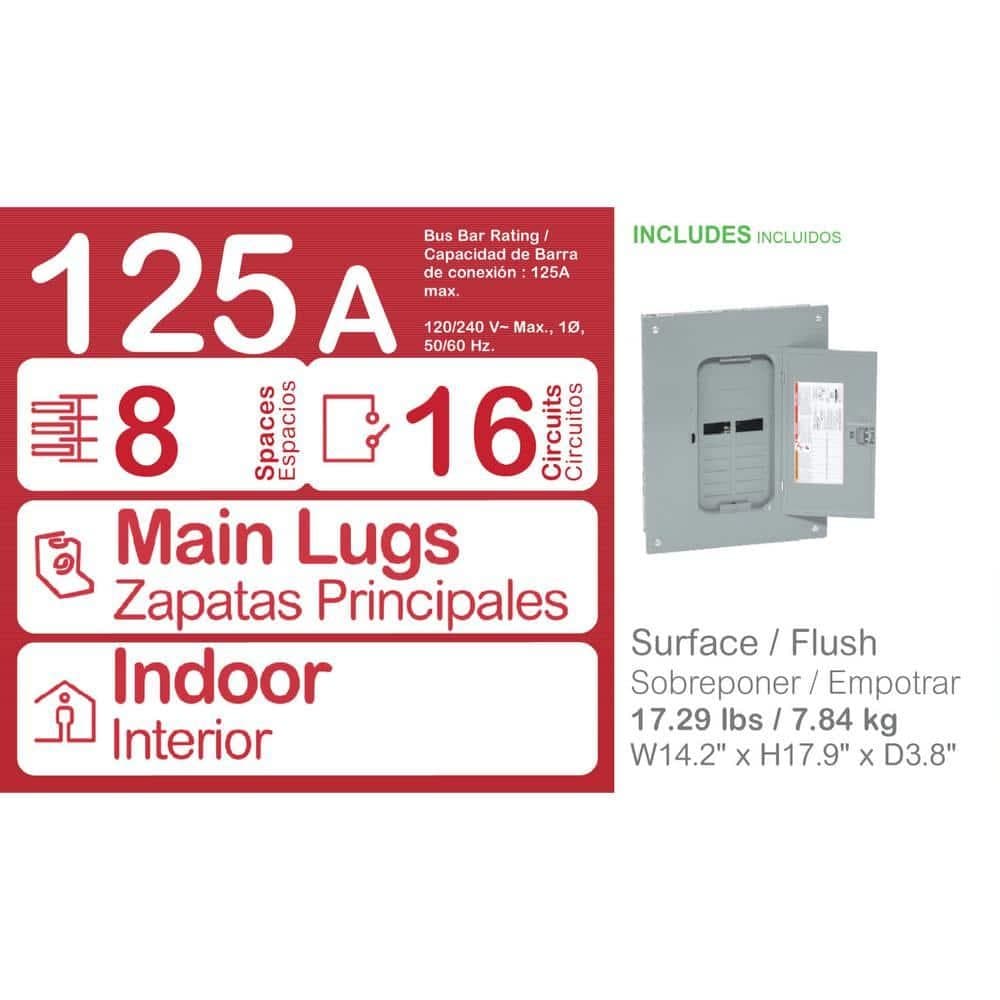 Square D Main Lug Plug-On Neutral Load Center Cover 125A 8-Space 16-Circuit 4