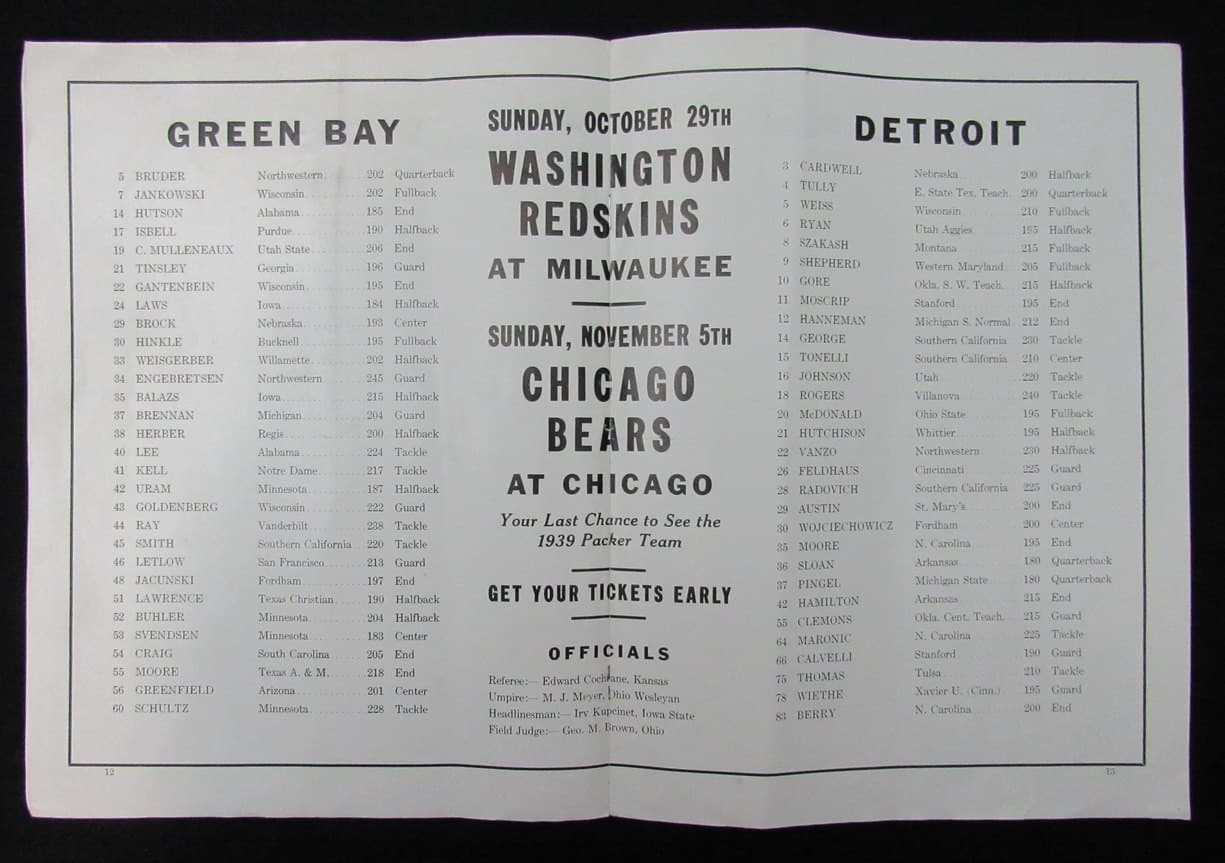 Oct 22 1939 Detroit Lions vs Green Bay Packers Game Program Curly Lambeau 194678 5