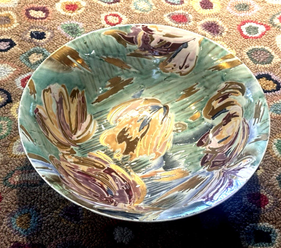 CHINA TRADER DECORATIVE IMPRESSIONISM FLORAL 10" BOWL & PLATE GOLD PINK BLUE SET 4