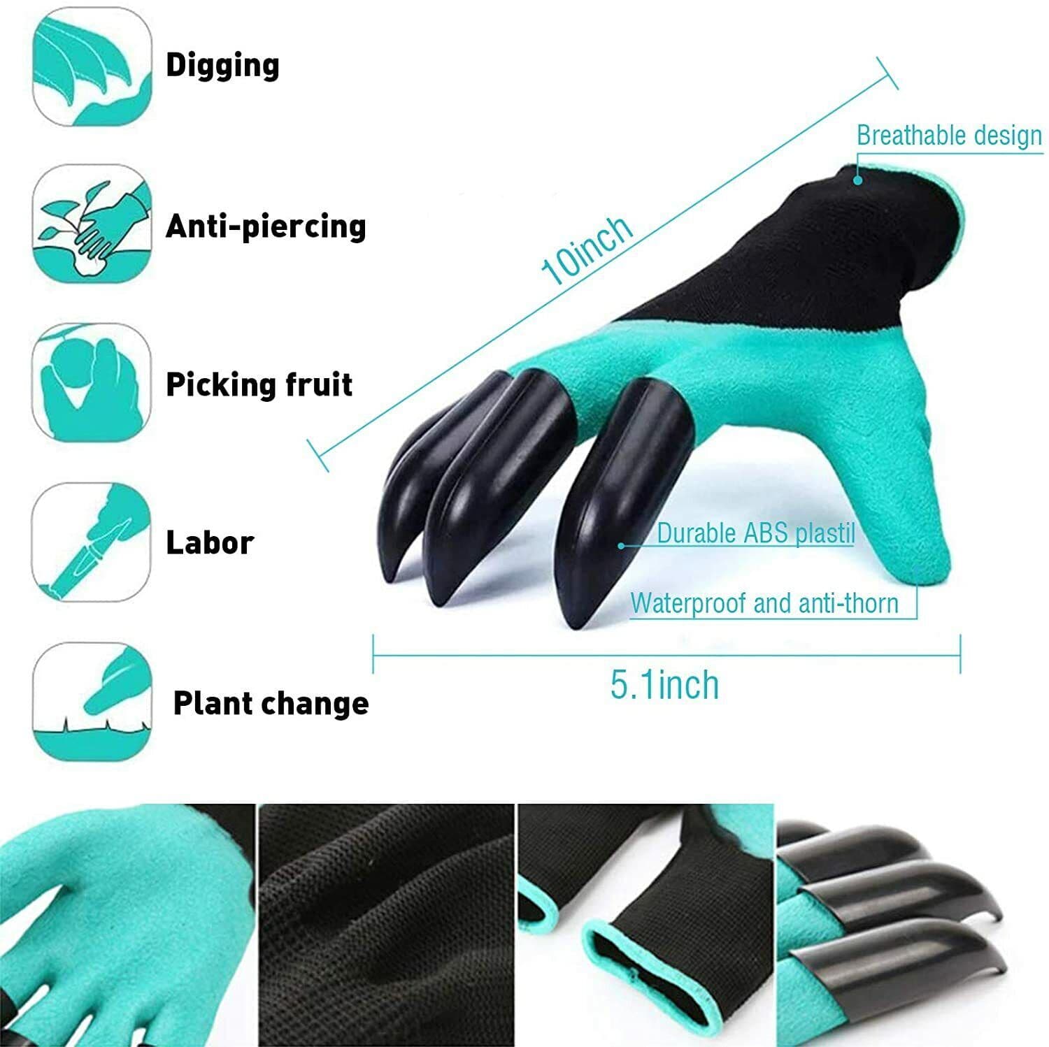 Gardening Digging Planting Pruning Tools Lawn Care 4 Claws Garden Genie Gloves 5