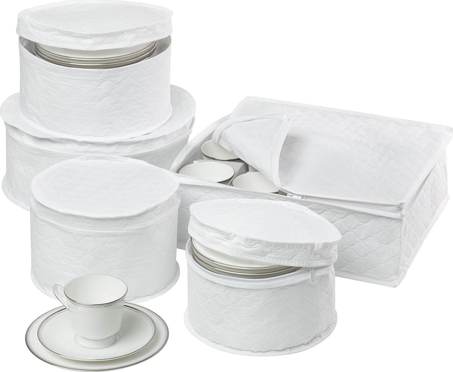 5-Piece Dinnerware Storage Set with Zipper Cushioned Quilted White NEW 6