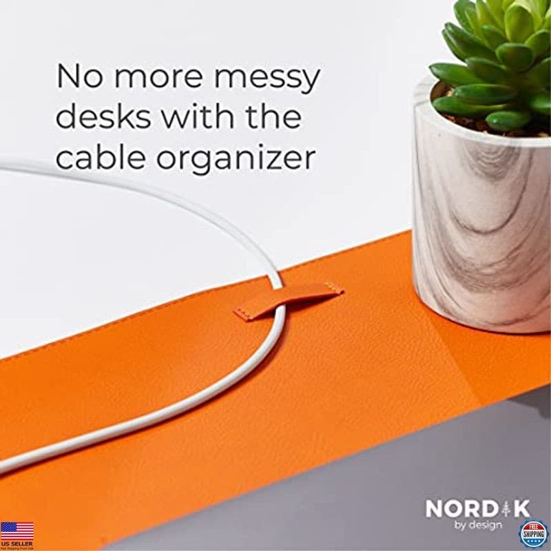 Nordik Tangerine Orange Leather Desk Mat & Cable Organizer - 35"x17" Non-Slip 3