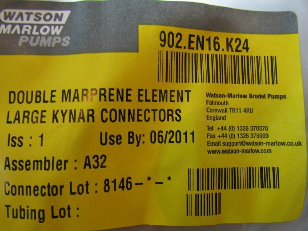 Watson Marlow Pumps 902.EN16.K24 Marprene Tubing Elements, Kynar Connectors, New 6