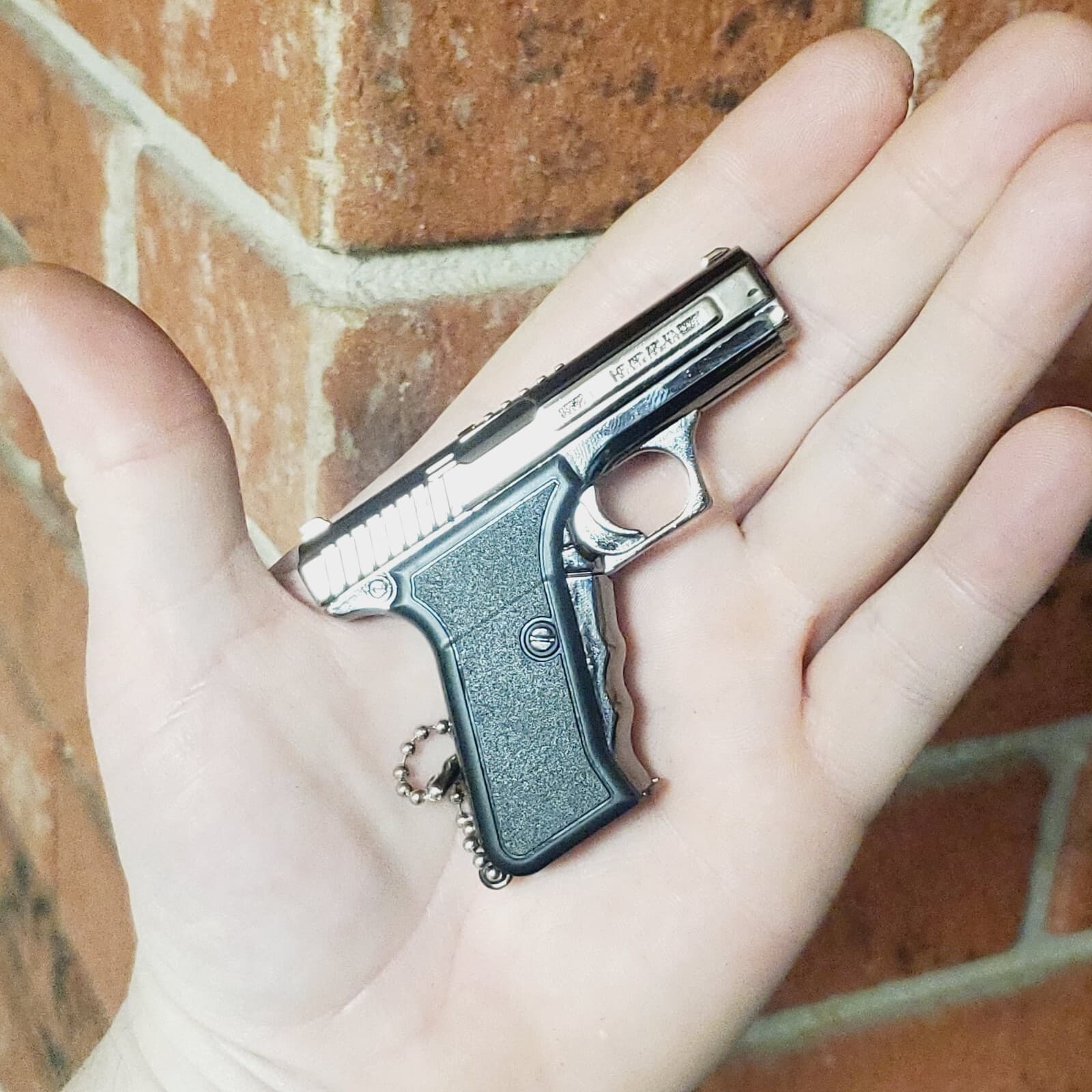 Pistol Shaped Gun Lighter FIRE Chrome METAL, Cocking Hammer, Mini 9 mm. USA SHIP 3