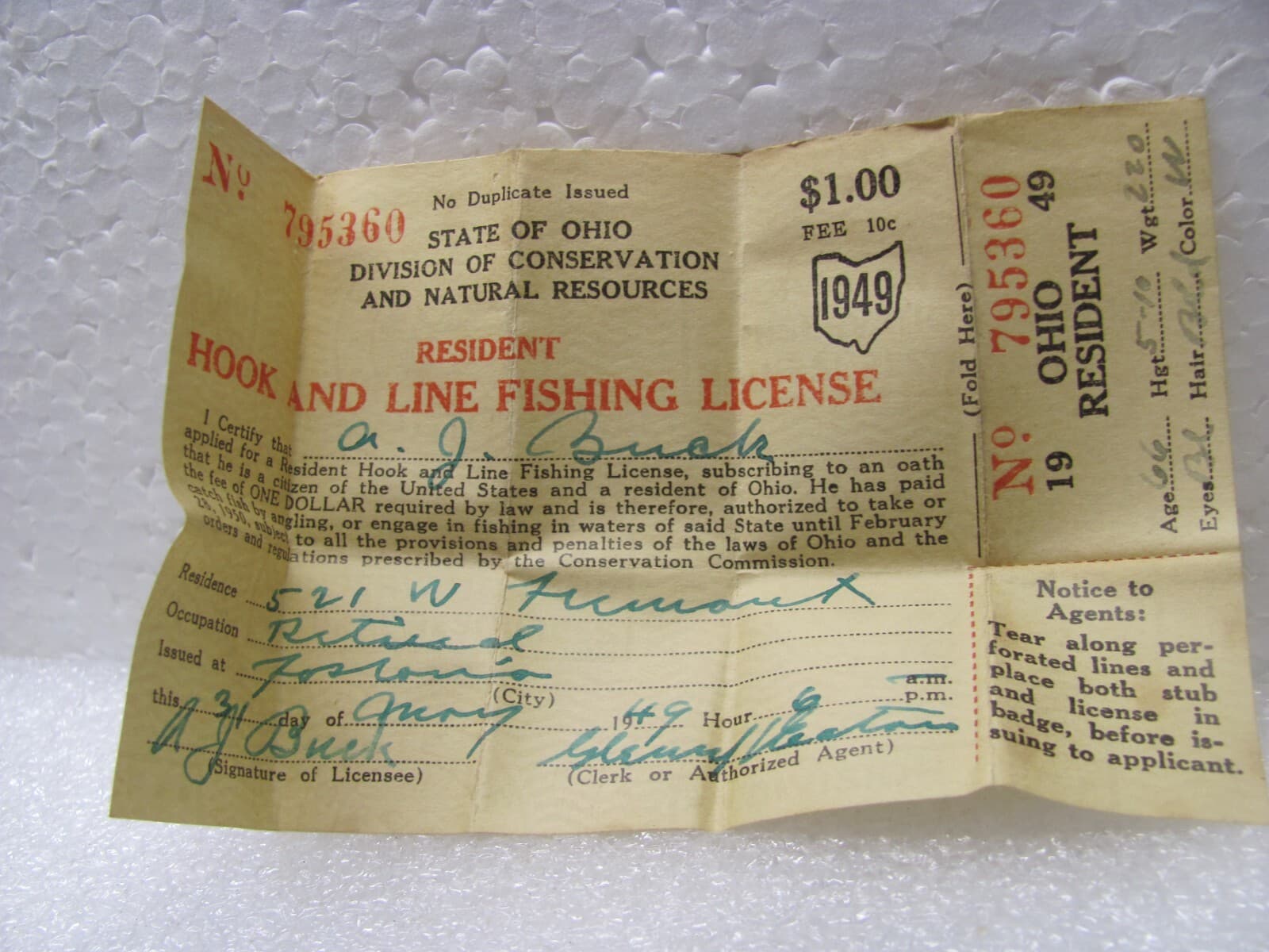 Nice Pre-Owned 1949 Ohio Fishing License in Pin Back Holder