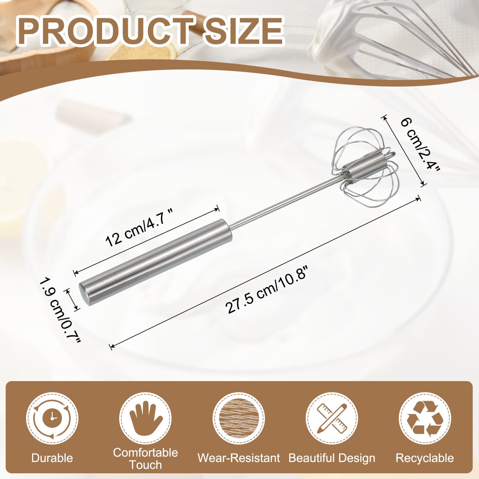 Stainless Steel Whisk, 10.8 Inch Semi-Automatic Whisking Tool, Silver 2