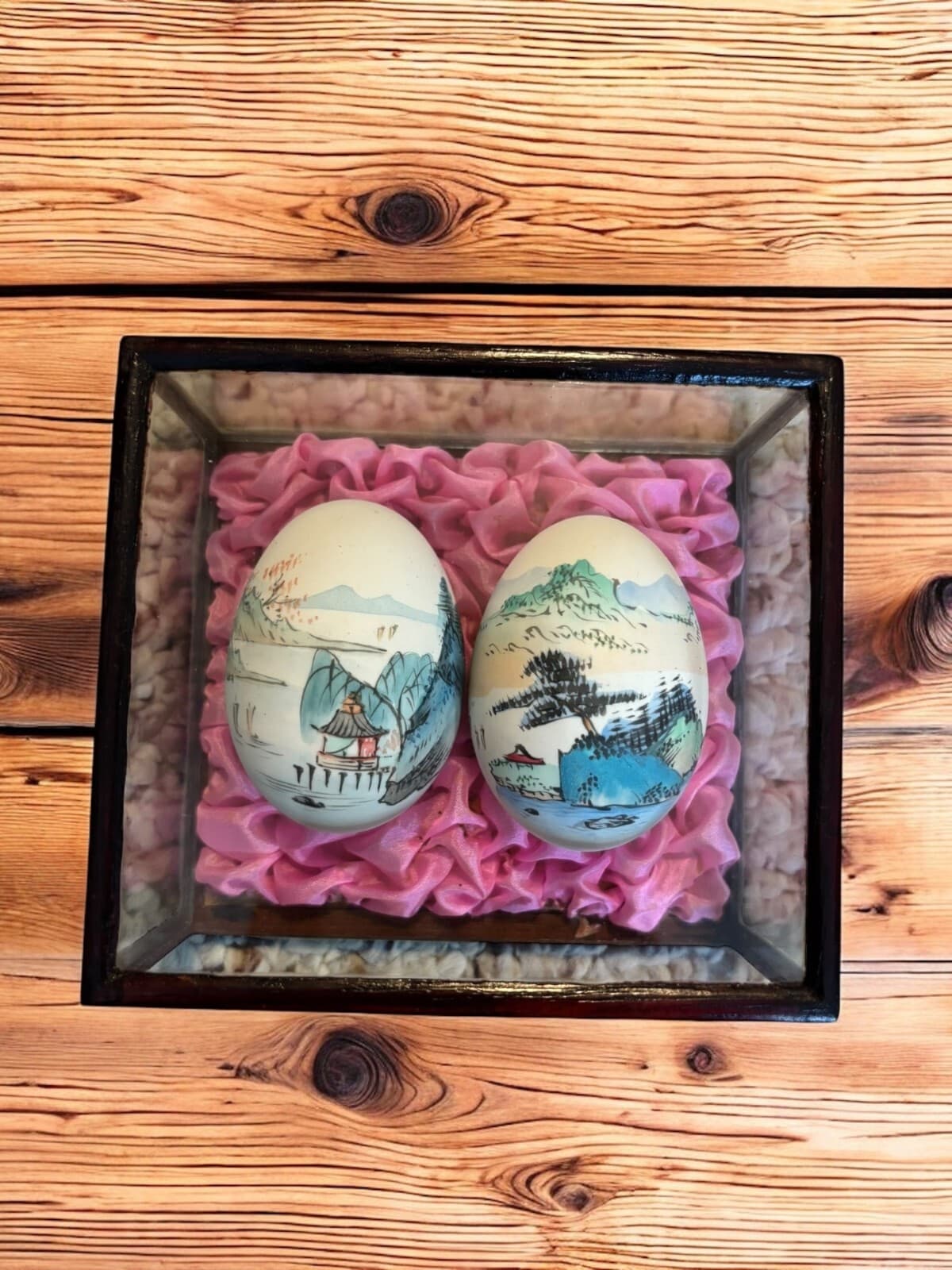 Vintage Chinese / Oriental Hand Painted Eggs in Glass Holder 1960's