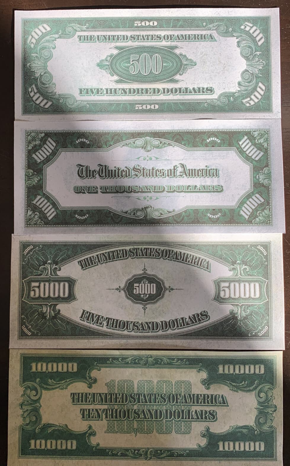 Reproduction Set 1934 Fed Reserve Notes $500 $1000 $5000 $10000 Copy See Below!! 3