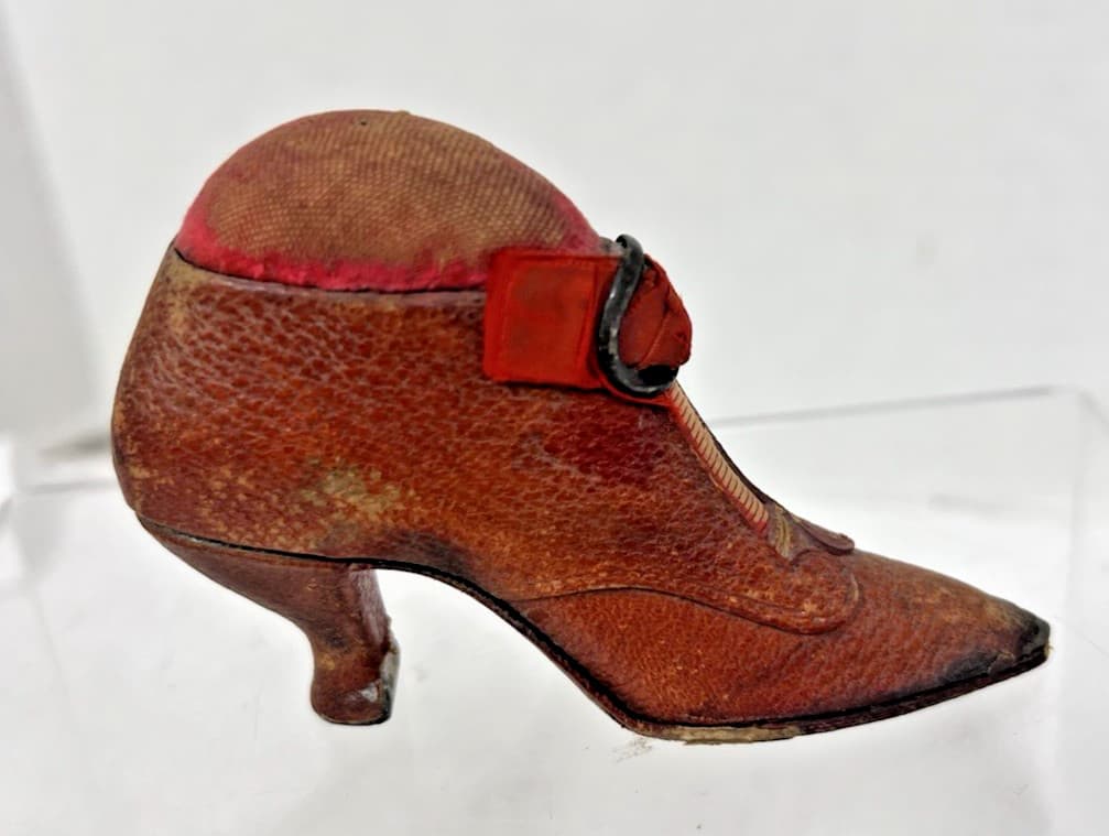 Antique Leather Shoe Sewing Pincushion w Buckle 3 5/8 x 2.5 x 1 inch 2