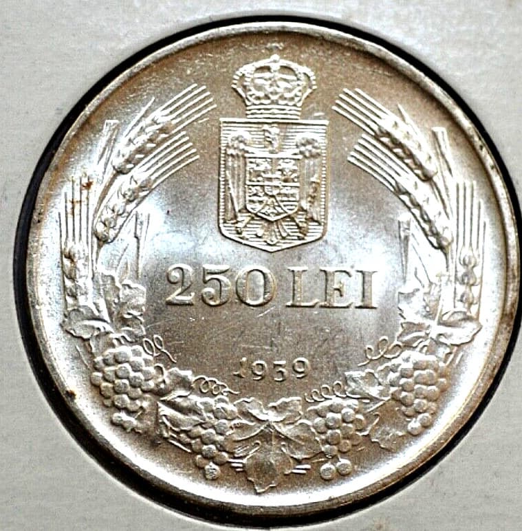 RARE Romania 1939 250 LEI  Silver Coin  KM #57  * Top Grade! 6
