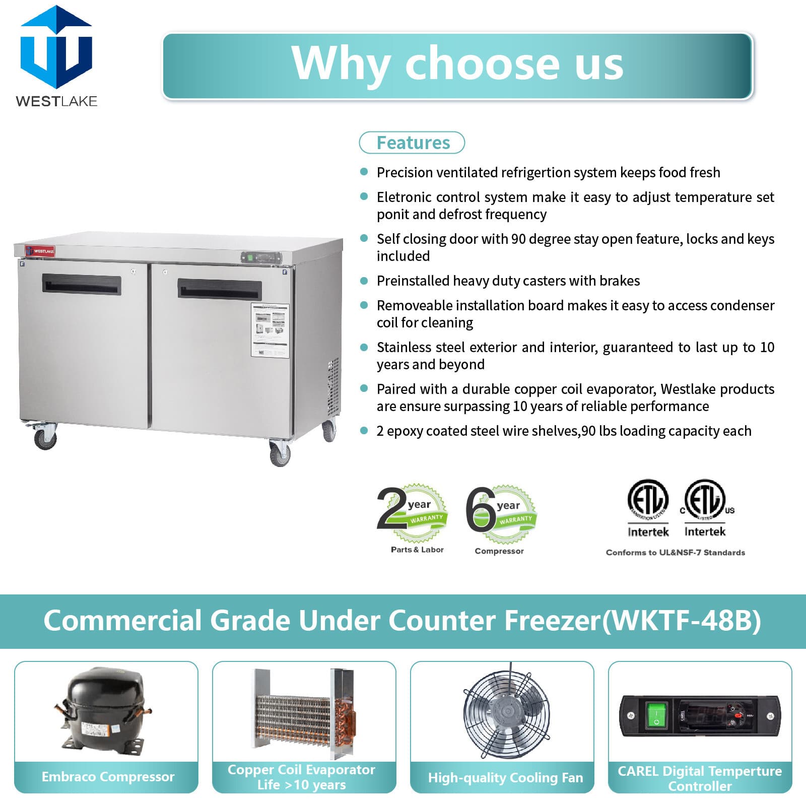 Commercial Undercounter Freezer, WESTLAKE 2 Door 48" W Worktop Freezer 12 Cu.ft 5