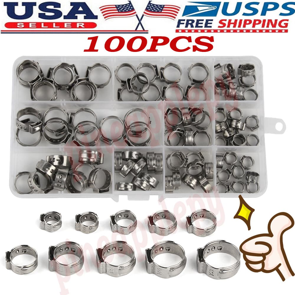 260PCS 304 Stainless Steel Single Ear Hose Clamp Crimp Hose Clamp Assortment Kit