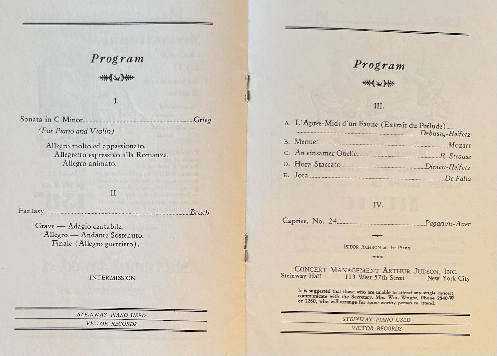 Jascha Heifetz Autographed Program, violinist, Stockton California 3