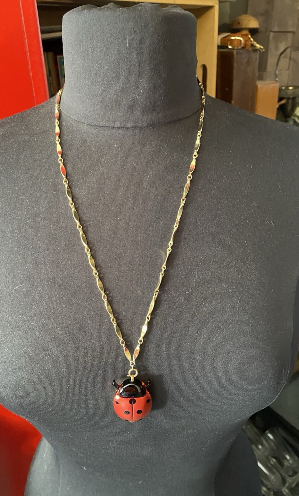 Vintage 1960's ORIS Bug-a-boo Red Ladybug Pendant Necklace Watch Swiss Made 3