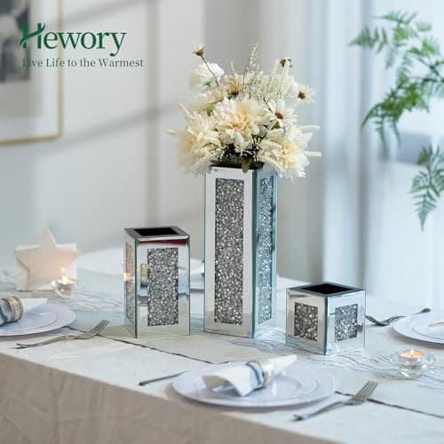 Silver Rectangle Glass Vases for Decor:  Tall Crushed Diamond Mirror Vase for  3