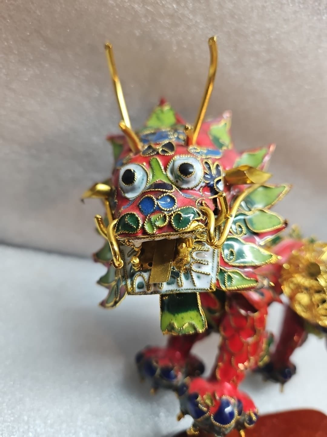 Cloisonne Chinese Dragon holding Gold Filigree Ball. Red,Gold,Green With Stand. 2