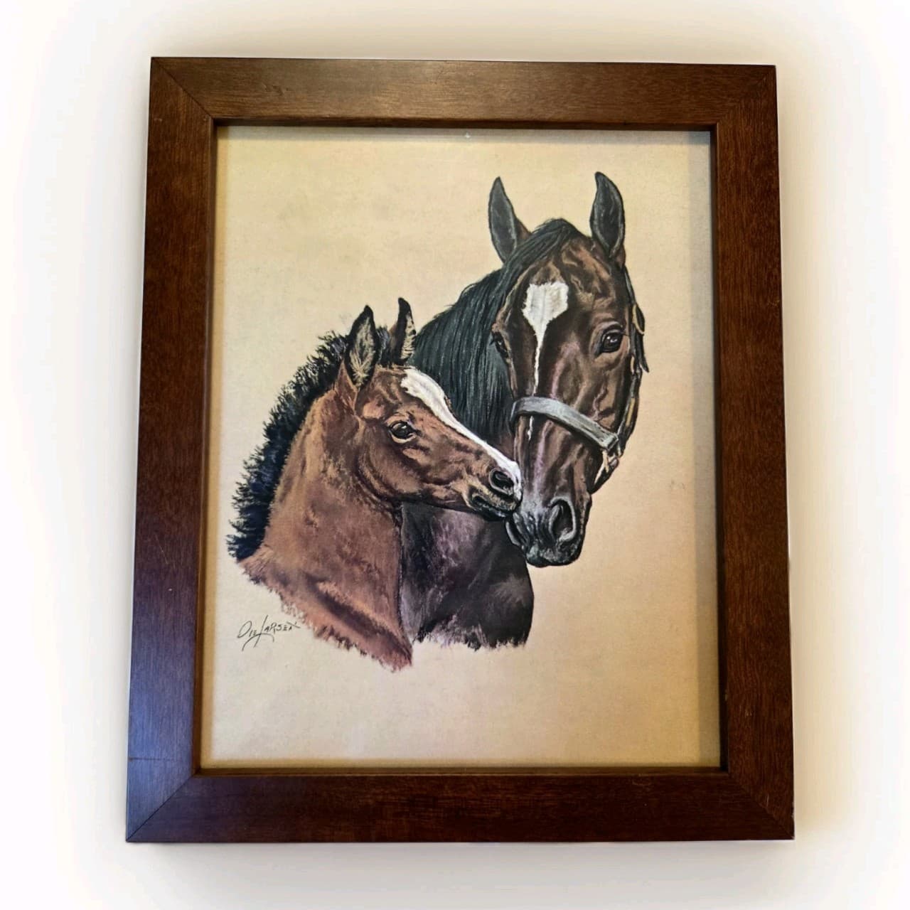 Horses Mare & Foal Ole Larsen Print Wood Frame Equines * Please Read  2