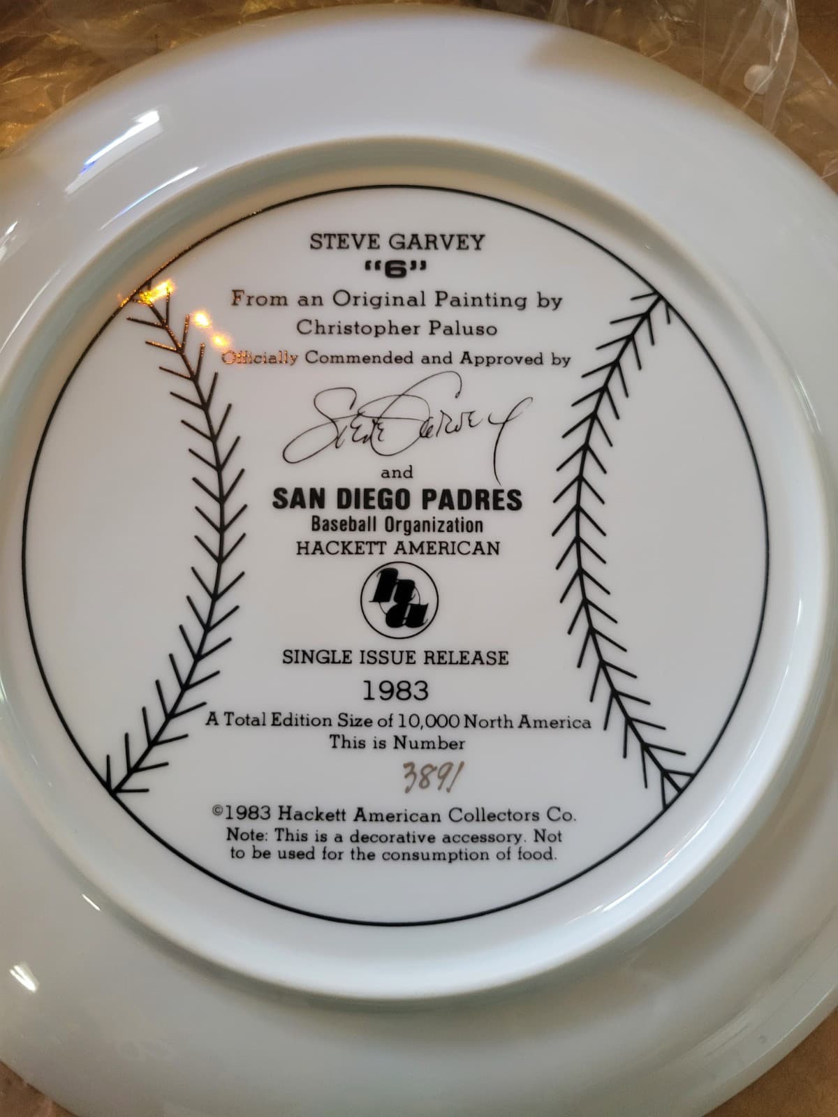 Steve Garvey 1983 Plate 3891/10,000 Signed Hackett American Original Box-Papers 5