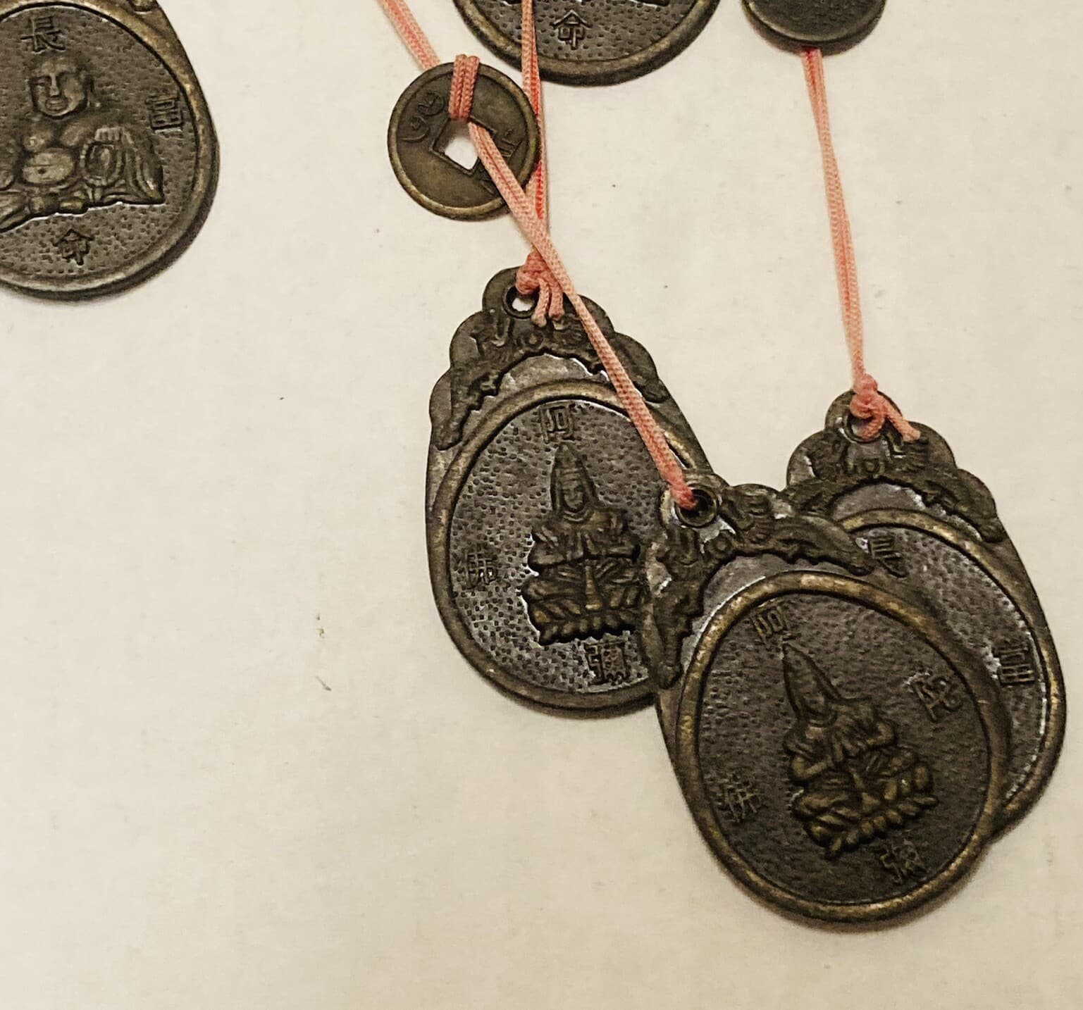 Rare 1950s Chinese Coin Token Wind Chime Feng Shui Buddha Qwan Yin Charm Art X 4