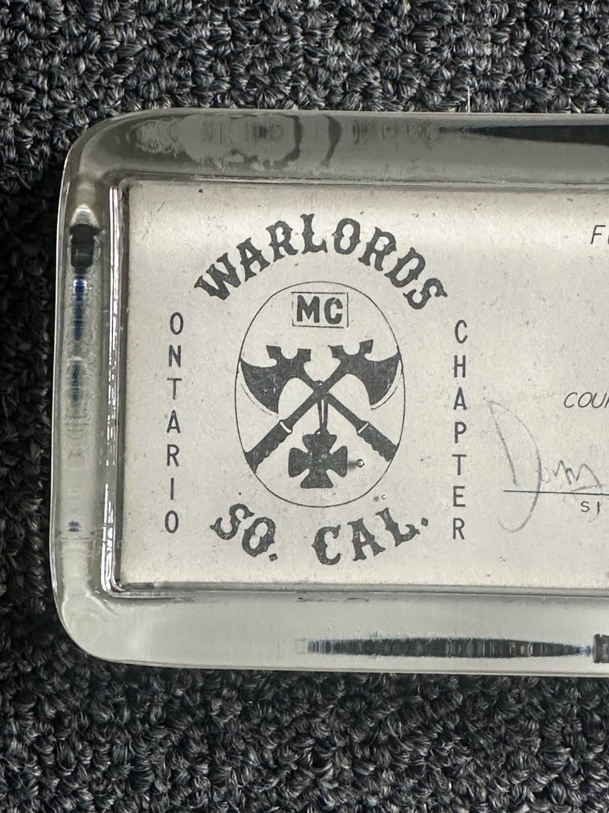 Rare vintage Outlaw MC club Biker Courtesy Card paperweight WARLORDS so cal CA 2