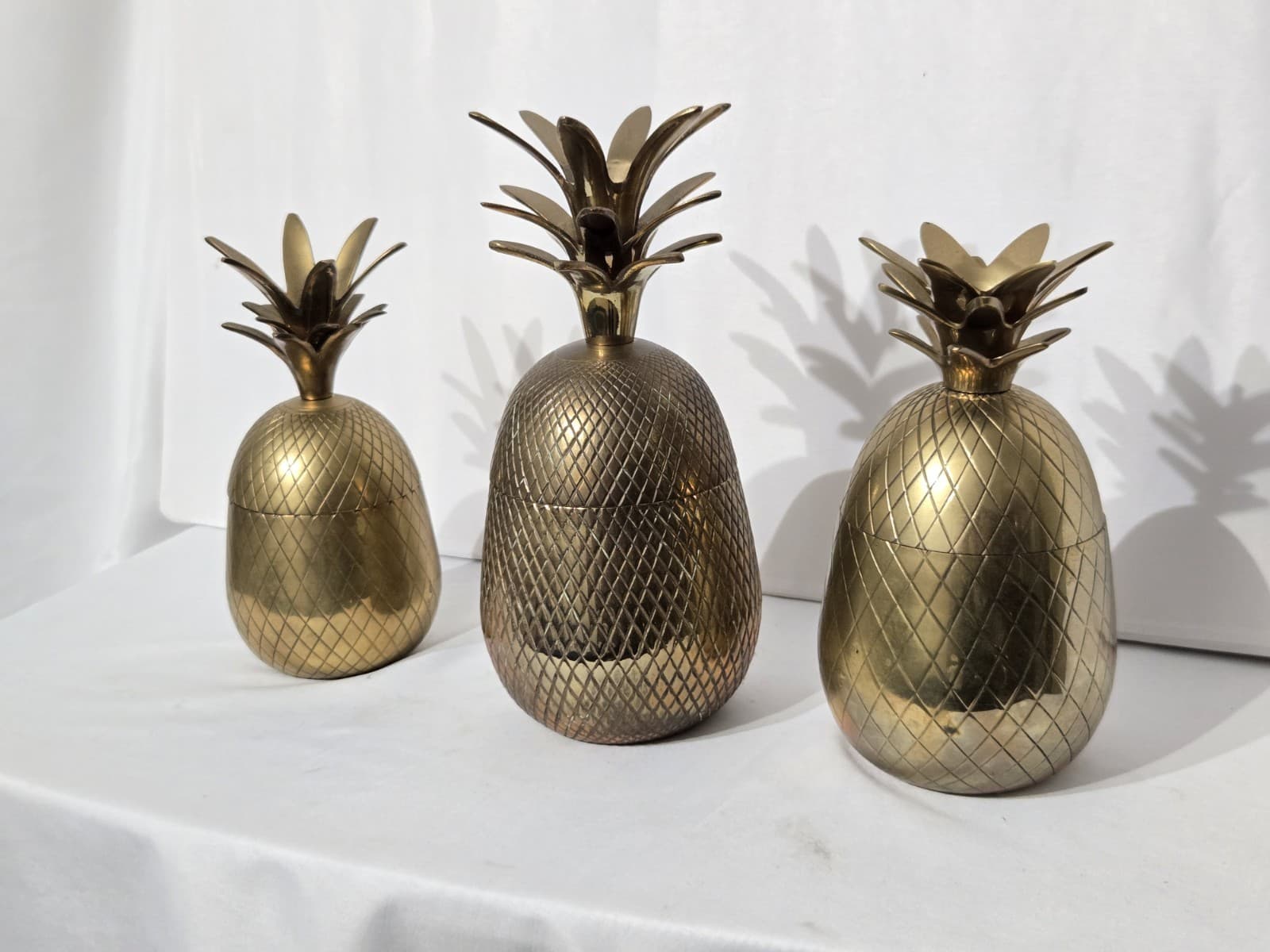 3 Vintage Solid Brass Pineapple Trinket Box / Storage Containers 8"-10"  Tall 2