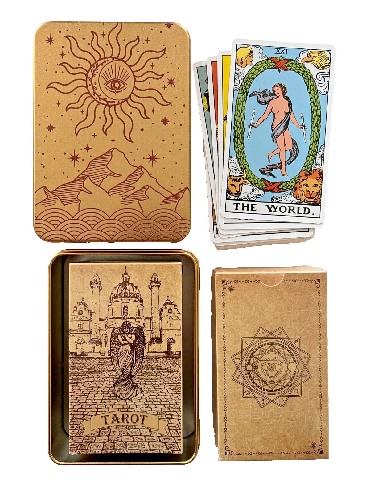 1910 Vintage Classic Tarot Guidebook Standard 78 Cards Gold Tin with Red Graph