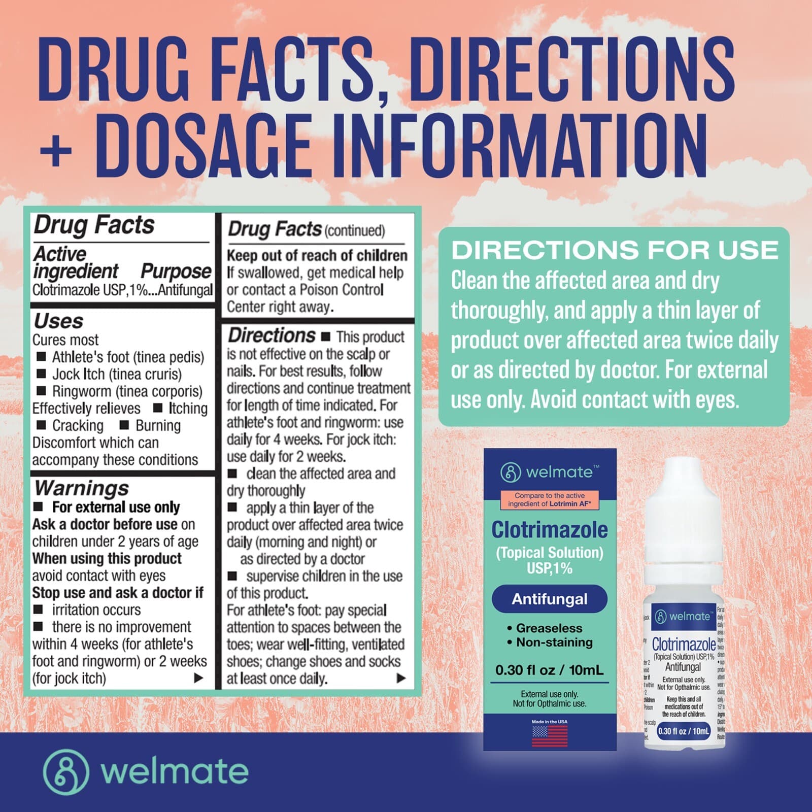WELMATE Clotrimazole 1% Antifungal Solution | Itch Relief | 0.33 fl oz Exp 3/27 5