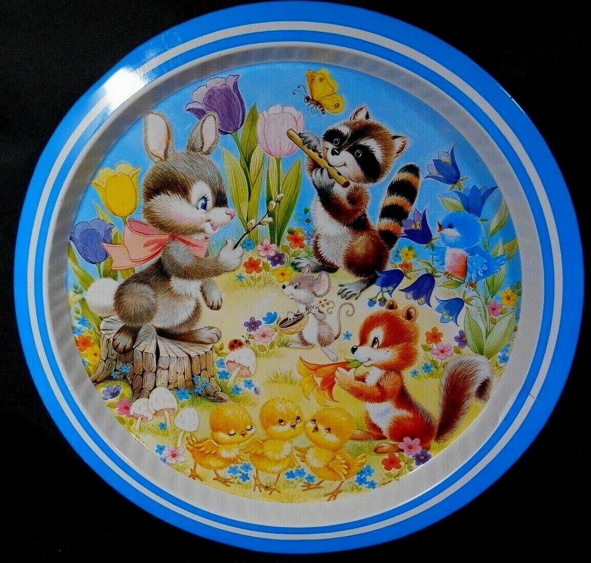 Easter Bunny Chicks Metal Serving Tray Platter Plate Spring Decor Hong Kong 1986 3