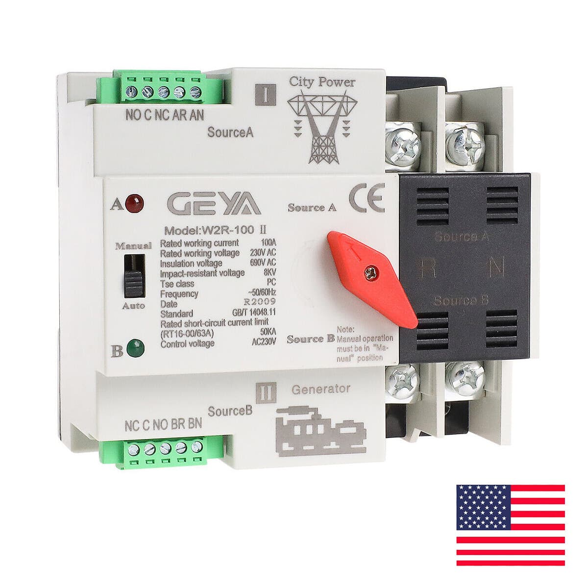 GEYA ATS PC Dual Power Automatic Power 2Pole 100A 110V Transfer Switch Grid NEW