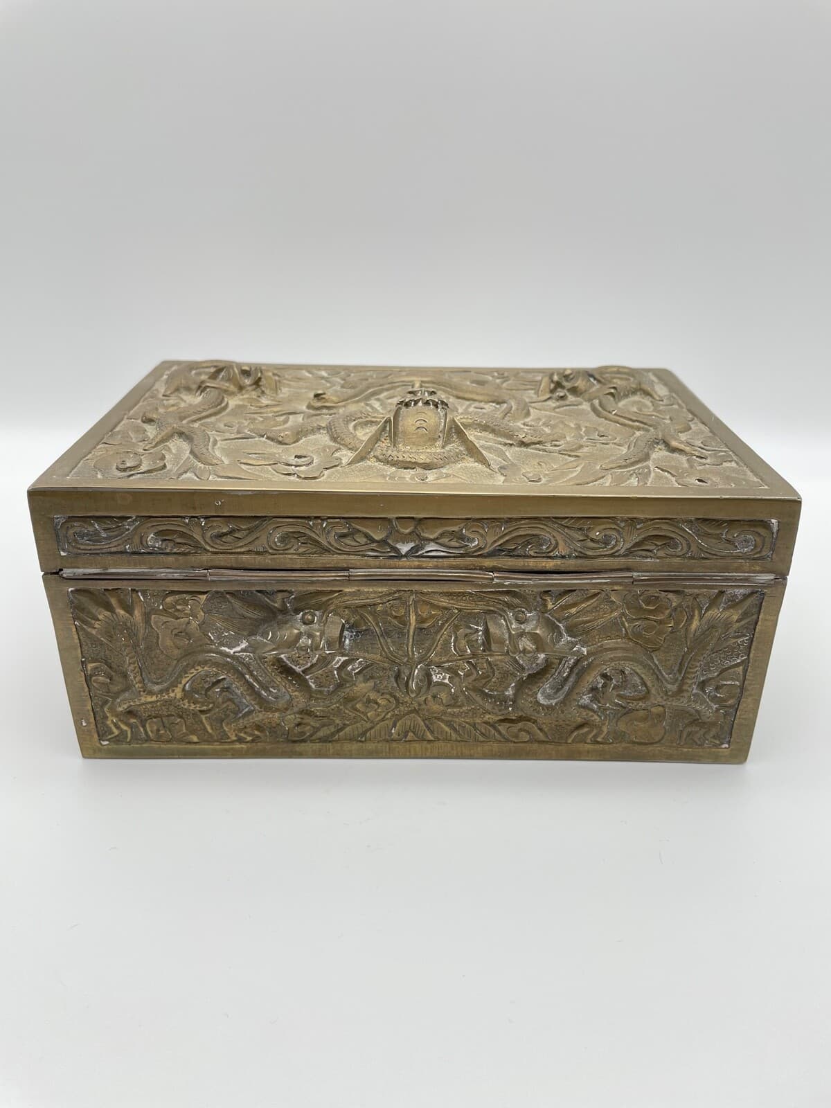 Antique Brass Chinese Hinged Trinket Humidor Box with Raised Dragons & Snakes 4