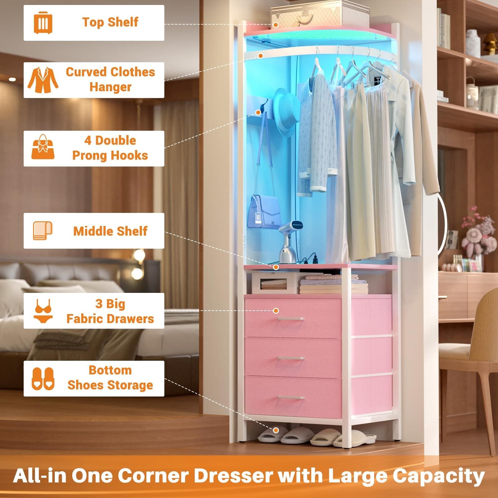Corner Clothes Rack, 70'' Tall Corner Closet with Power Outlets & LED Lights,... 2