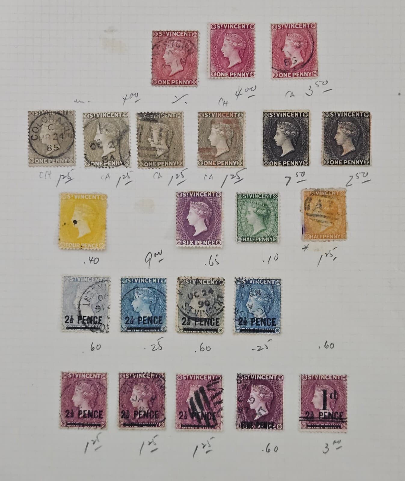 1862-1897  British Colonies, ST. Vincent QV Mint (MH) & Used Selection (22)