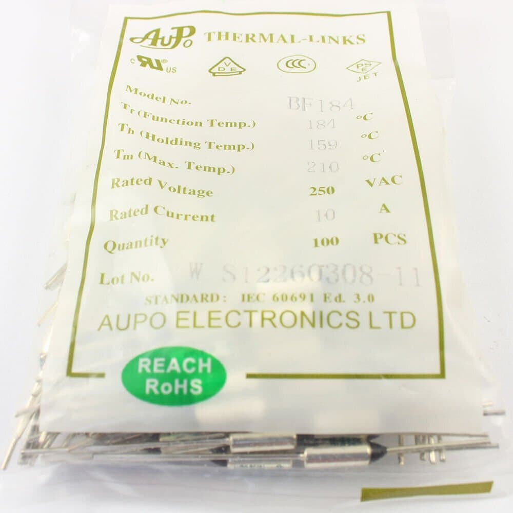 2Pcs AUPO Thermal Fuse Links BF184 Axial Lead TF Cutoff 184℃ 184 Degree 250V 10A 3