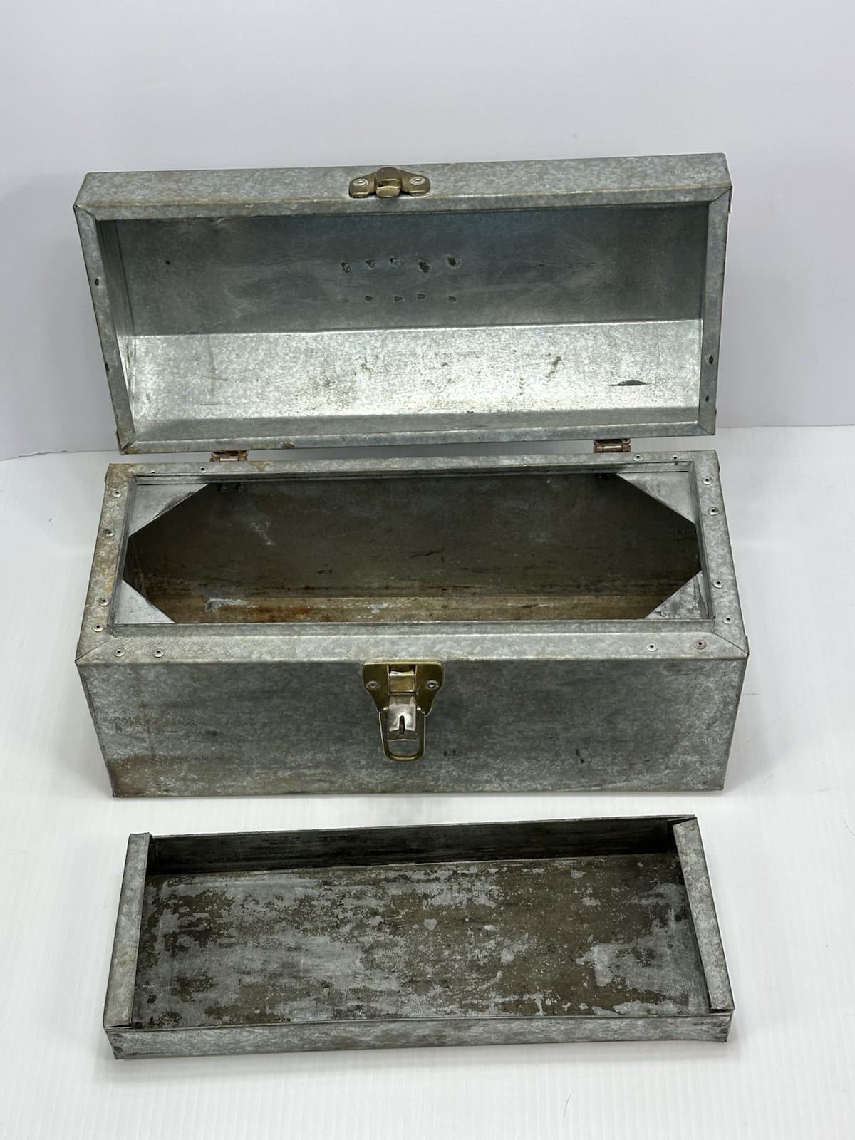 Vintage SCOUP Gable Top Galvanized Sheet Metal Toolbox Tray Pop Rivet Handmade 5