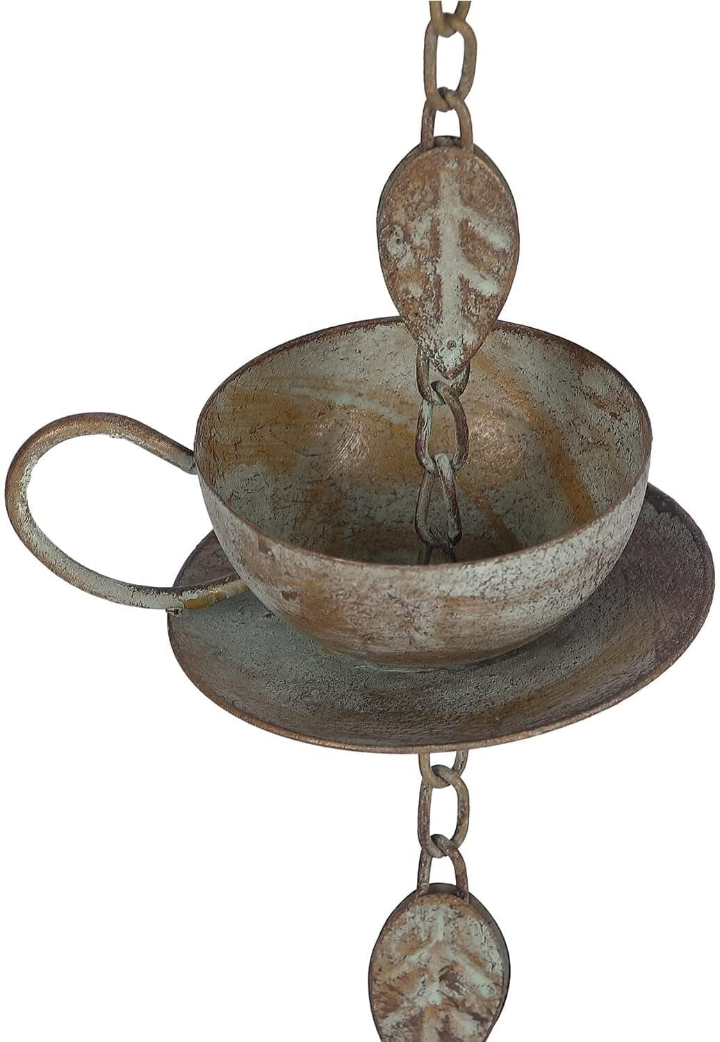 Teapot & Cups Rain Chain w/ Bell Chime Antique Patina Outdoor Garden Lawn Decor 5